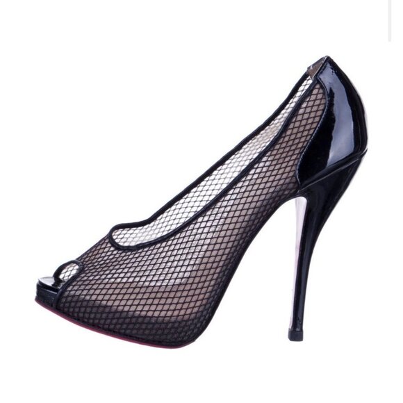 christian louboutin Authentic Black Beige Mesh Patent Leather Heels Pumps 7.5 - Picture 1 of 8